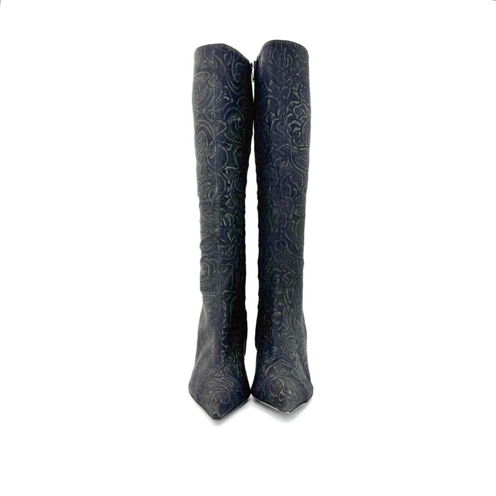 Vintage Roberto Cavalli Denim Floral Print Knee High Pointed Toe Boots 37.5 - Picture 5 of 10